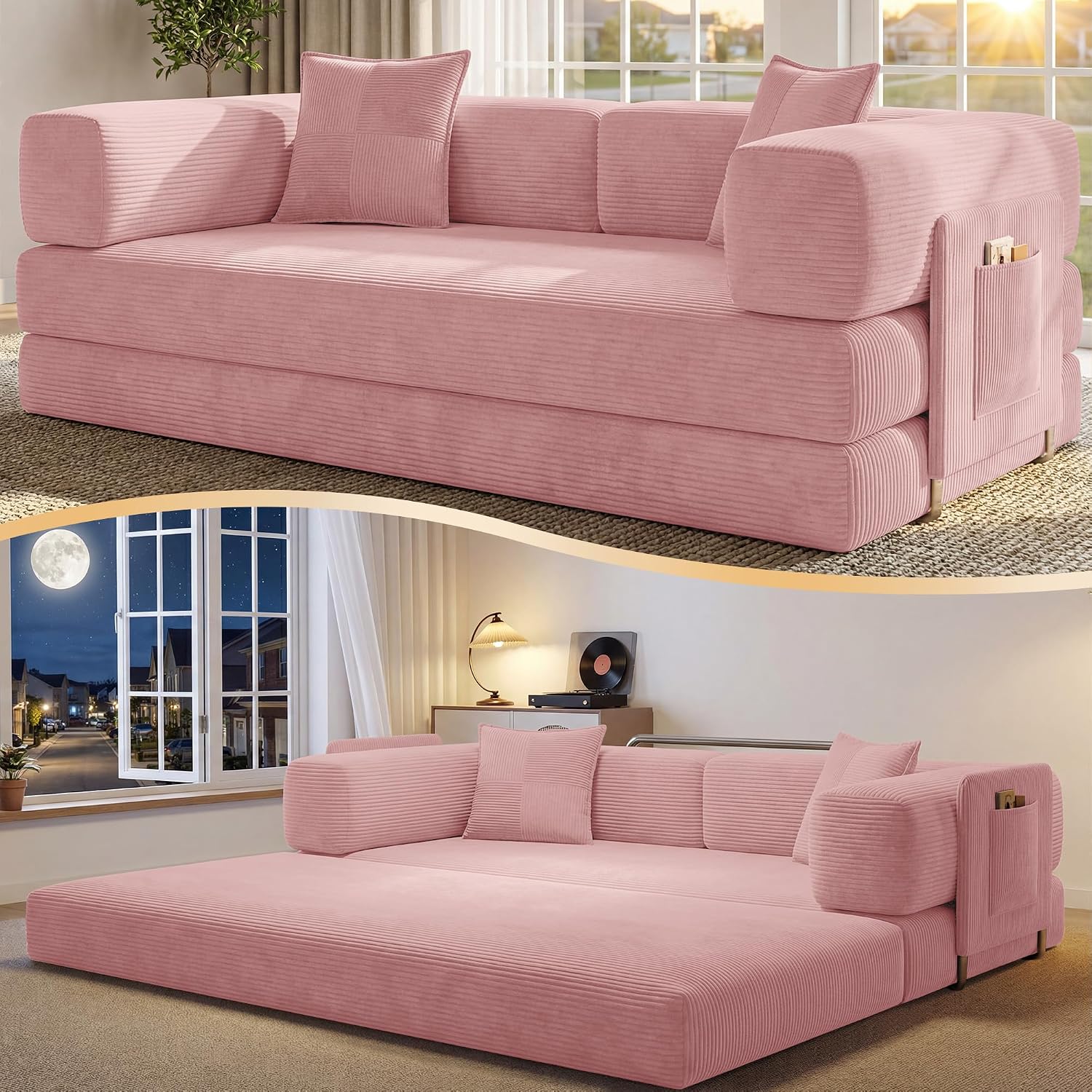 78.8" Convertible Futon Sofa Bed, Boneless Couch for Living Room | Corduroy Boneless Loveseat Sleeper Sofa, Modular Futon Couch with Storage Pocket, Pull Out Couch No Assembly | Green