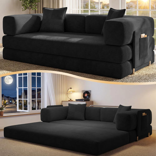78.8" Convertible Futon Sofa Bed, Boneless Couch for Living Room | Corduroy Boneless Loveseat Sleeper Sofa, Modular Futon Couch with Storage Pocket, Pull Out Couch No Assembly | Green