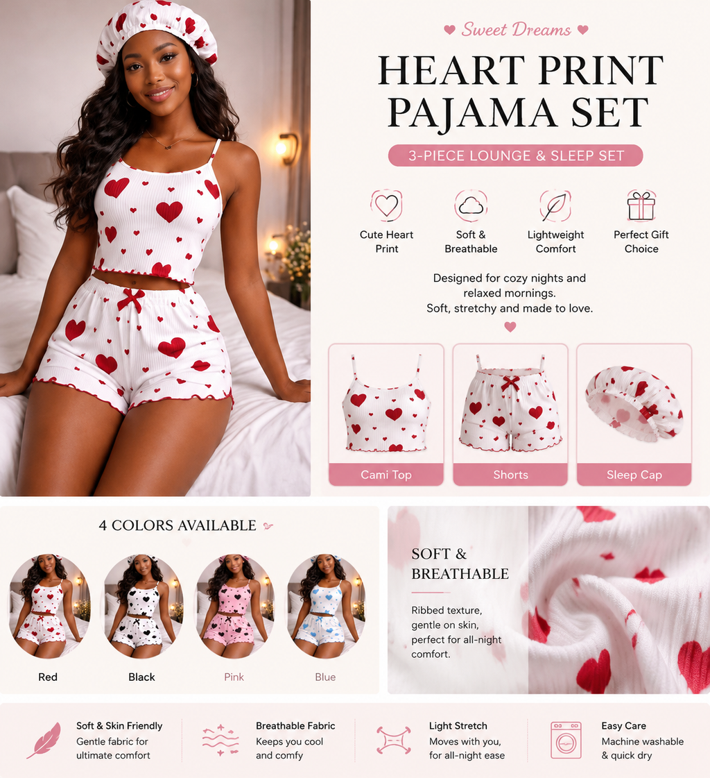 Women's Heart Print Ribbed Cami Pajama Set with Shorts & Sleep Cap