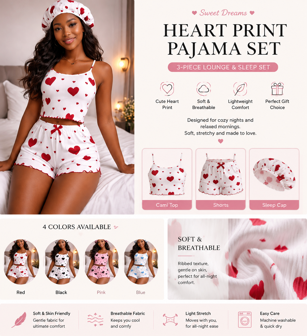 Women's Heart Print Ribbed Cami Pajama Set with Shorts & Sleep Cap